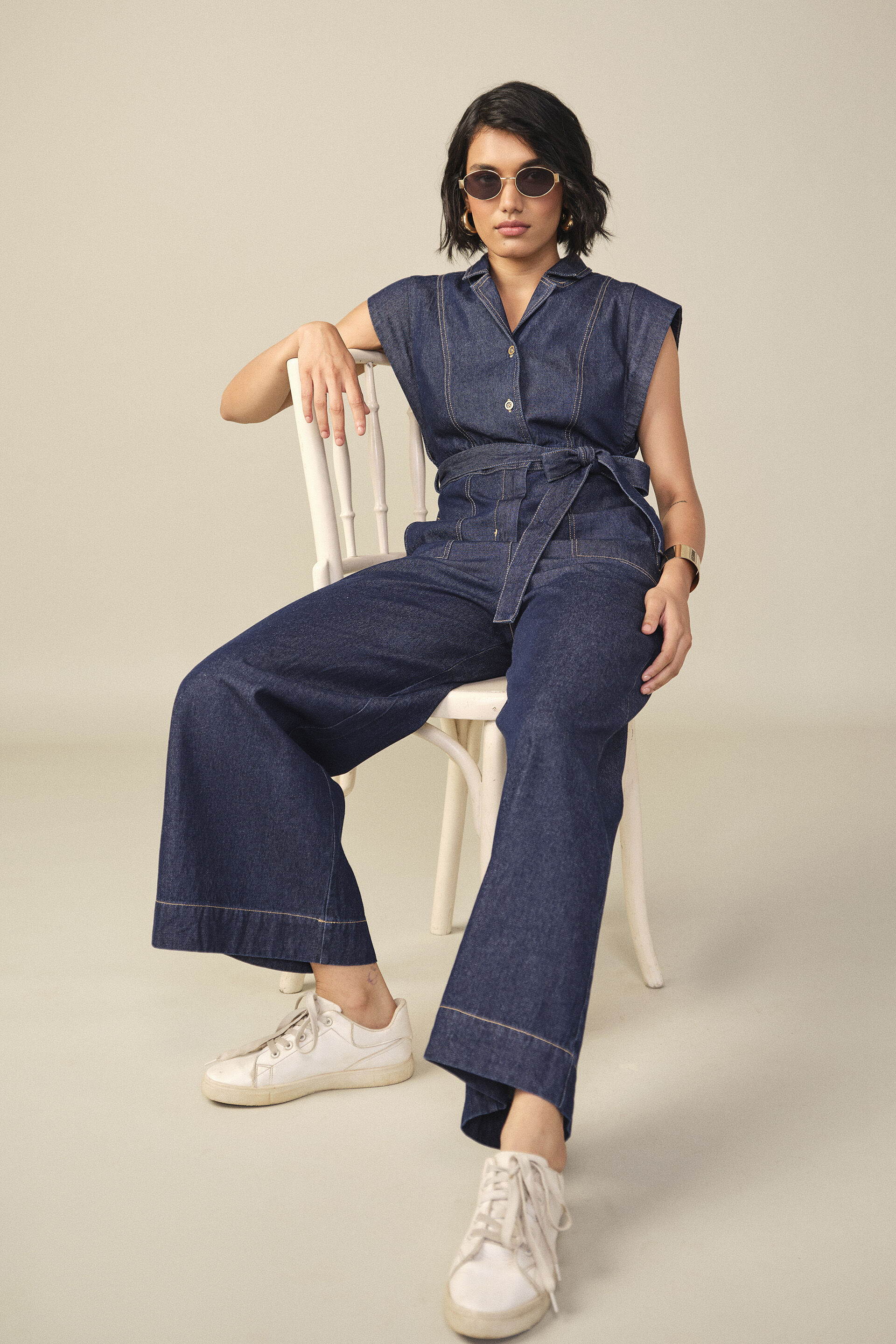 Solid Denim Jumpsuit in Blue, Blue, image 2